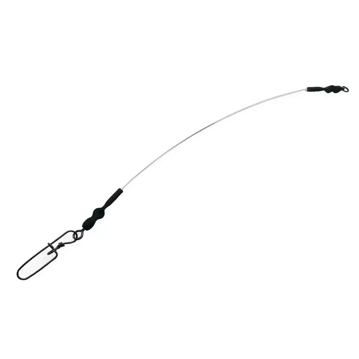 Savage Gear Regenerator Leader fishing tackle featuring a flexible wire leader with secure black swivels and a snap clip for attaching lures or bait.