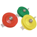 Three Schooley De Ma Reel fishing reels in red, green, and yellow, each featuring a round spool and a small white handle, designed for ice fishing tackle.