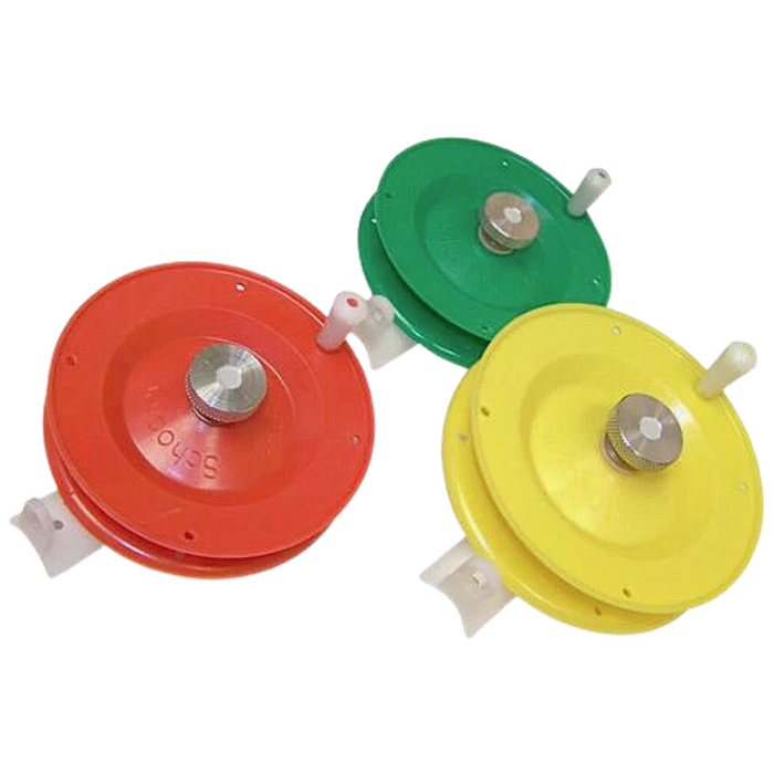 Three Schooley De Ma Reel fishing reels in red, green, and yellow, each featuring a round spool and a small white handle, designed for ice fishing tackle.