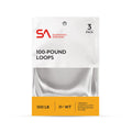Packaging of Scientific Anglers 100lb Braided Loops showing a three-pack of high-strength braided loops designed for creating loop-to-loop systems on fly lines, suitable for 11+ weight fishing rods.