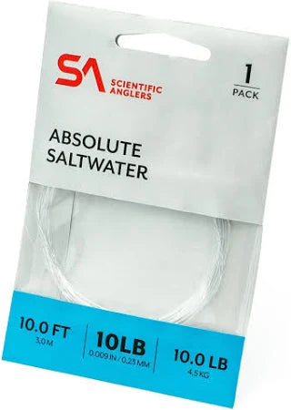 Scientific Anglers Absolute Saltwater Leader 1pk in clear packaging, showing 10-foot leader line rated at 10-pound test strength for saltwater fishing.