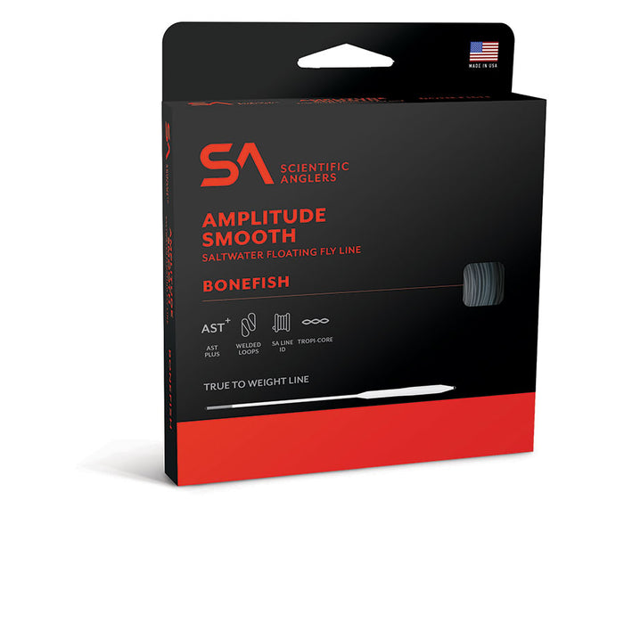 Scientific Anglers Amplitude Bonefish Fly Line packaging displaying a black and red design, highlighting smooth saltwater floating fly line features for fishing tackle enthusiasts.