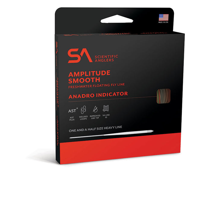 Black and red packaging box of Scientific Anglers Amplitude Smooth Anadro Indicator Fly Line, a freshwater floating fly line designed for heavy fishing tackle use.