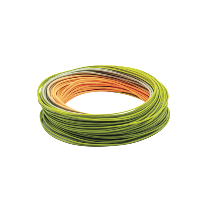 Coiled Scientific Anglers Amplitude Smooth Anadro Indicator Fly Line in shades of green, yellow, and orange designed for precise fly fishing applications.