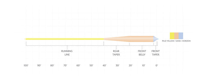 Diagram of the Scientific Anglers Amplitude Smooth Grand Slam Fly Line showing color-coded sections including pale yellow running line, sand rear taper, and horizon front taper with front belly area for fly fishing tackle.