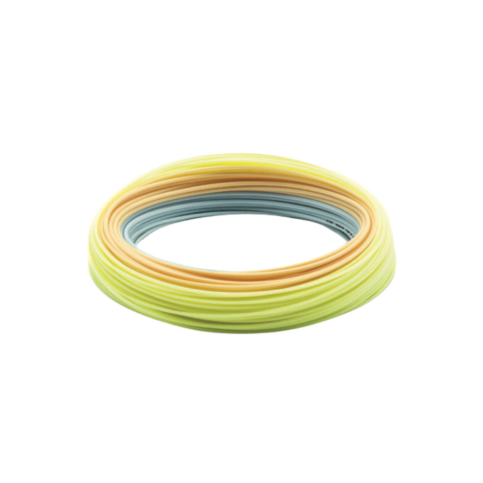 Scientific Anglers Amplitude Smooth Grand Slam Fly Line coiled in gradient colors of yellow, orange, and gray designed for smooth casting in fly fishing tackle.