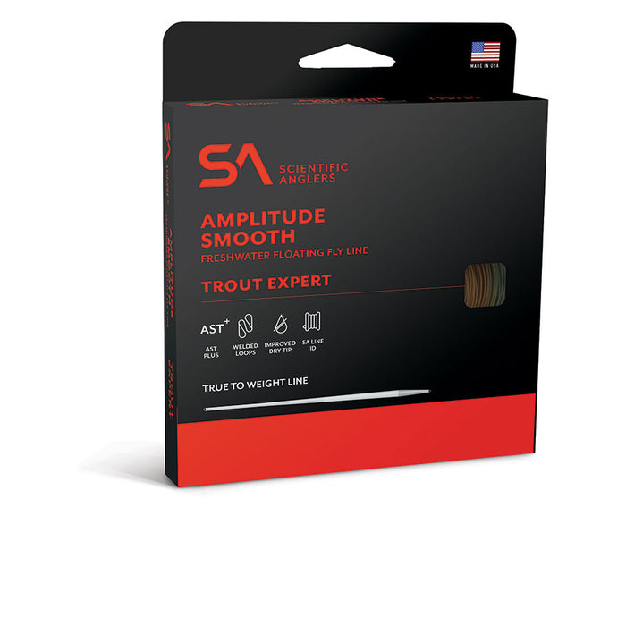 Packaging of Scientific Anglers Amplitude Smooth Trout Expert freshwater floating fly line with black and red design, highlighting features like AST technology and true-to-weight line for fishing tackle enthusiasts.