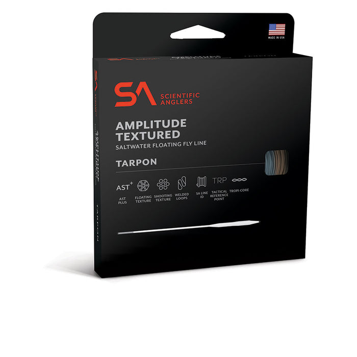Scientific Anglers Amplitude Textured Tarpon saltwater floating fly line packaging in black with product features and an American flag indicating made in USA.