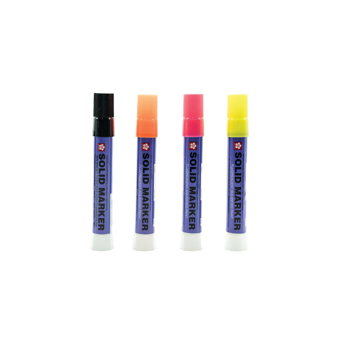Four Scientific Anglers Indicator Marker solid ink markers in black, orange, pink, and yellow, used for marking fishing tackle and gear.