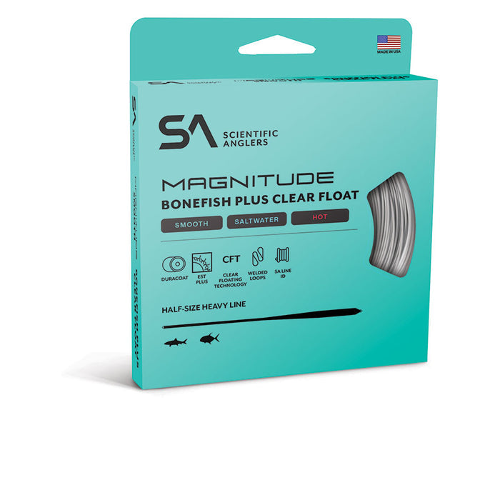 Scientific Anglers Magnitude Smooth Bonefish Clear Tip fishing line packaging in teal, featuring heavy line for saltwater use with clear float technology and welded loops.