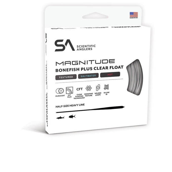 Scientific Anglers Magnitude Textured Bonefish Clear Tip fishing line packaging showing a white box designed for saltwater fishing with heavy half-size line and textured clear float features.