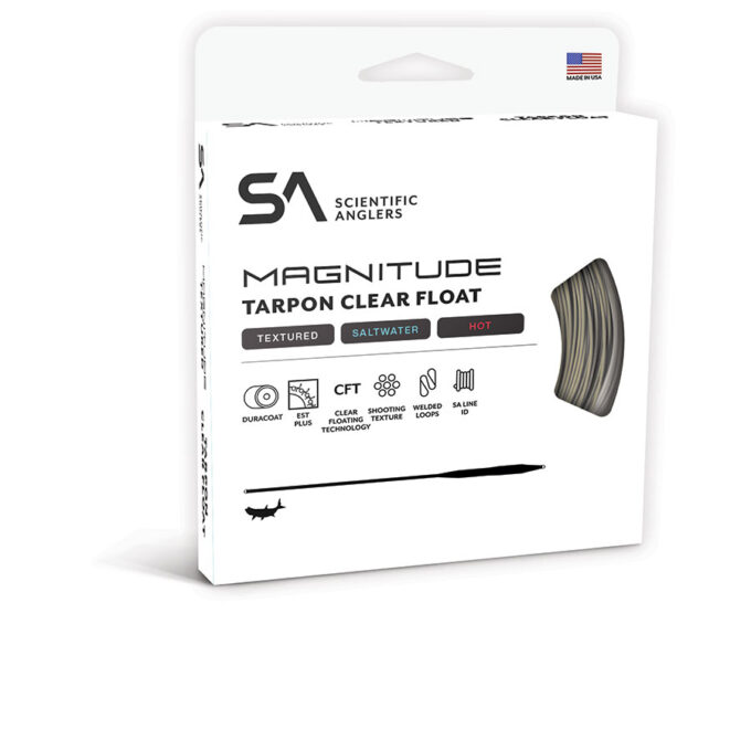 Scientific Anglers Magnitude Textured Tarpon Clear Tip fishing line in white and black packaging showing features like textured surface for saltwater use and clear tip technology.