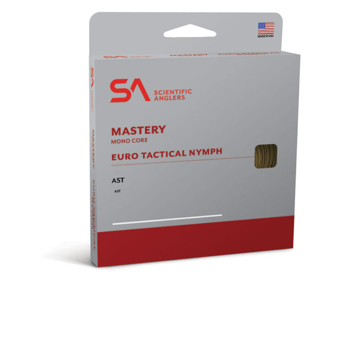 Packaging box of Scientific Anglers Mastery Euro Tactical Nymph/0-5wt.Bamboo fishing line with minimalist white and red design, featuring branding and product details for fishing tackle.