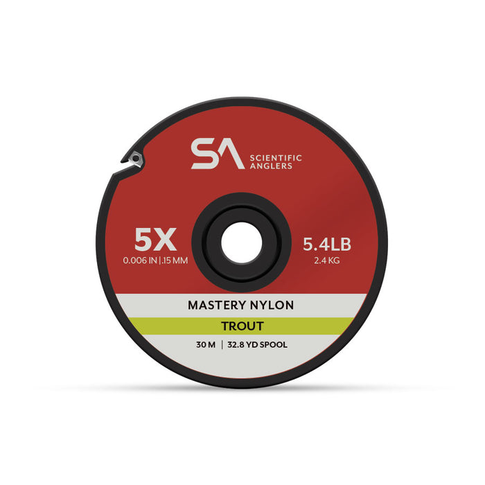 Red and black spool of Scientific Anglers Mastery Trout Tippet nylon fishing line, labeled 5X strength with 5.4 lb test, 30 meters length, designed for trout fishing tackle.