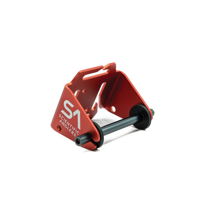Scientific Anglers Outpost Tippet Holder, a compact red metal device with black rotating spindle designed for organizing and dispensing fishing tackle tippet on the go.