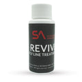 Small white bottle with a black label featuring red and white text displaying Scientific Anglers REVIVE Fly Line Treatment, used for maintaining and restoring fly fishing lines.