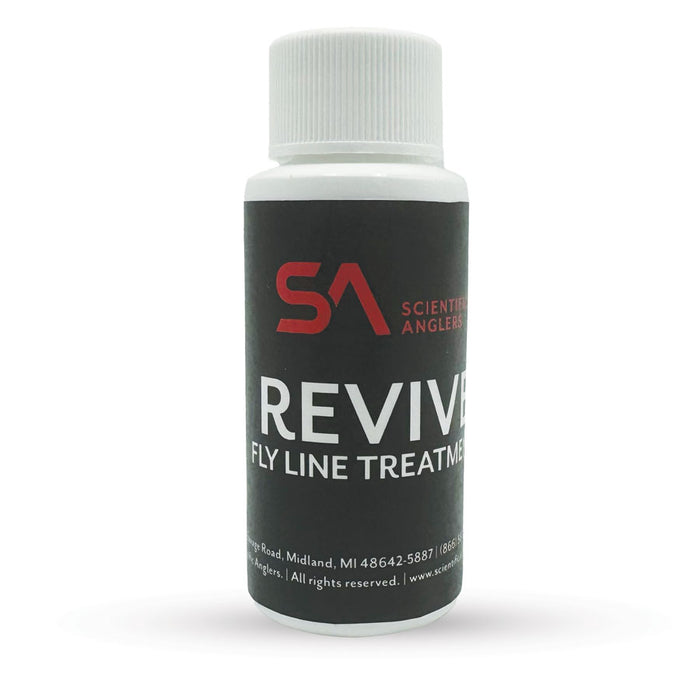 Small white bottle with a black label featuring red and white text displaying Scientific Anglers REVIVE Fly Line Treatment, used for maintaining and restoring fly fishing lines.