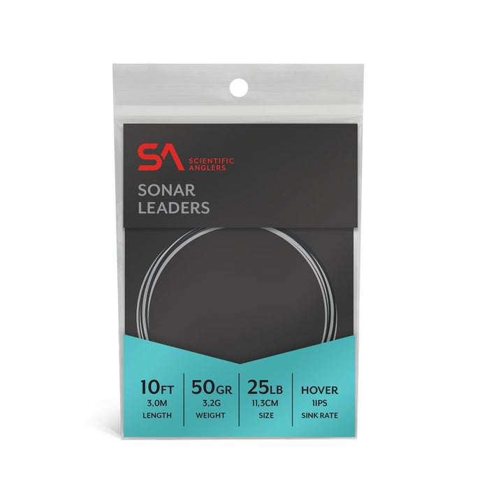 Scientific Anglers Sonar Leaders fishing tackle in clear packaging featuring 10-foot length, 50-grain weight, 25-pound size, and a hover sink rate for precise presentation.