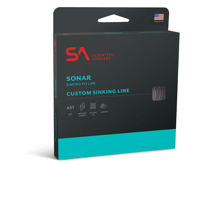 Scientific Anglers Sonar Musky Gen 2 Fly Line packaging showing a sleek black and teal box designed for custom sinking fly fishing line, with branding and product details visible.