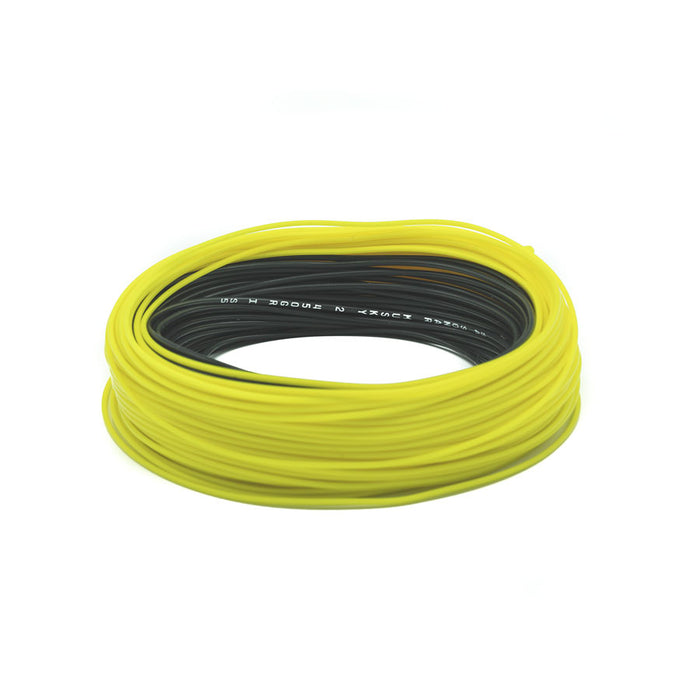 Coiled yellow and black Scientific Anglers Sonar Musky Gen 2 Fly Line designed for musky fishing, displayed against a white background for clear detail.