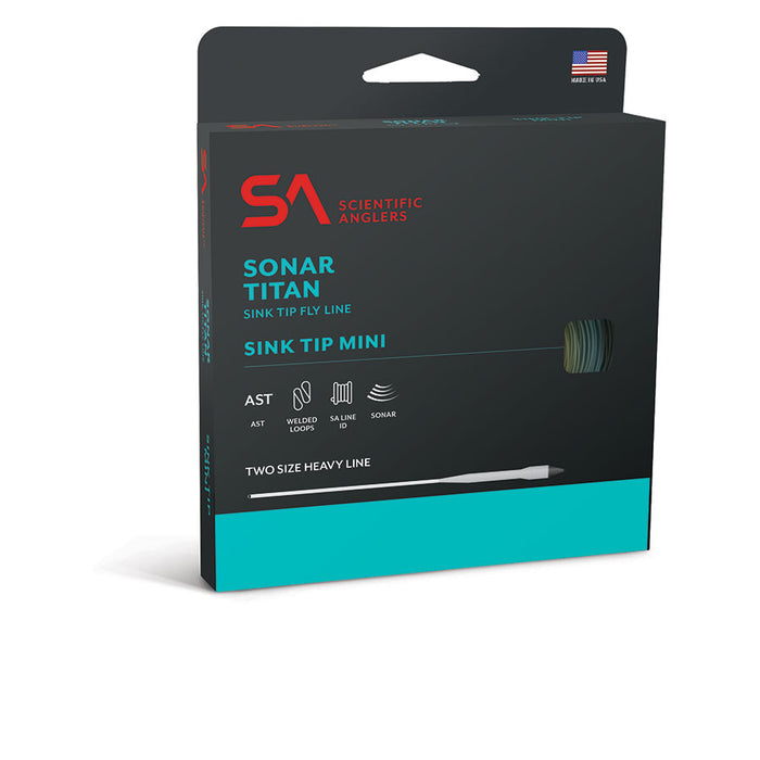 Scientific Anglers Sonar Titan Sink Tip Mini fishing line package with black and teal design, highlighting heavy line features for musky and fly fishing tackle.