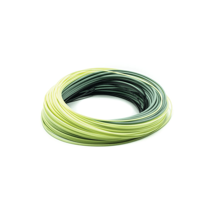 Scientific Anglers Sonar Titan Sink Tip Mini coiled fishing line in gradient shades of green and yellow designed for precise casting and control in freshwater fishing tackle.