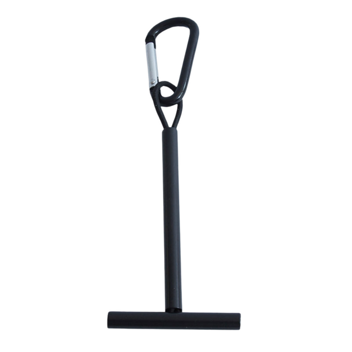 Scientific Anglers Tippet Holder featuring a black T-shaped grip attached to a cord with a black and silver carabiner clip for convenient fishing tackle organization.