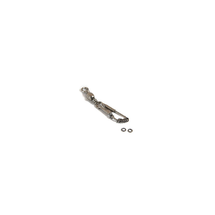 Scientific Anglers Tippet Rings shown alongside a small swivel snap, both made of metal with a silver finish, used for connecting fishing tackle components.