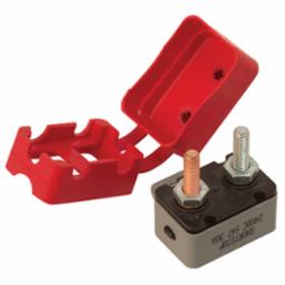 Sea-Dog 420853-1 Resettable Circuit Breaker with Cover - 30 Amp featuring a black base with copper and silver terminals and a red protective cover, designed for marine electronics protection.