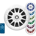 Seachoice 5-1/4" 2-Way 150W Round LED Speakers 72111 in white with a protective grille and multicolor LED lighting options, including remote control for marine electronics audio.