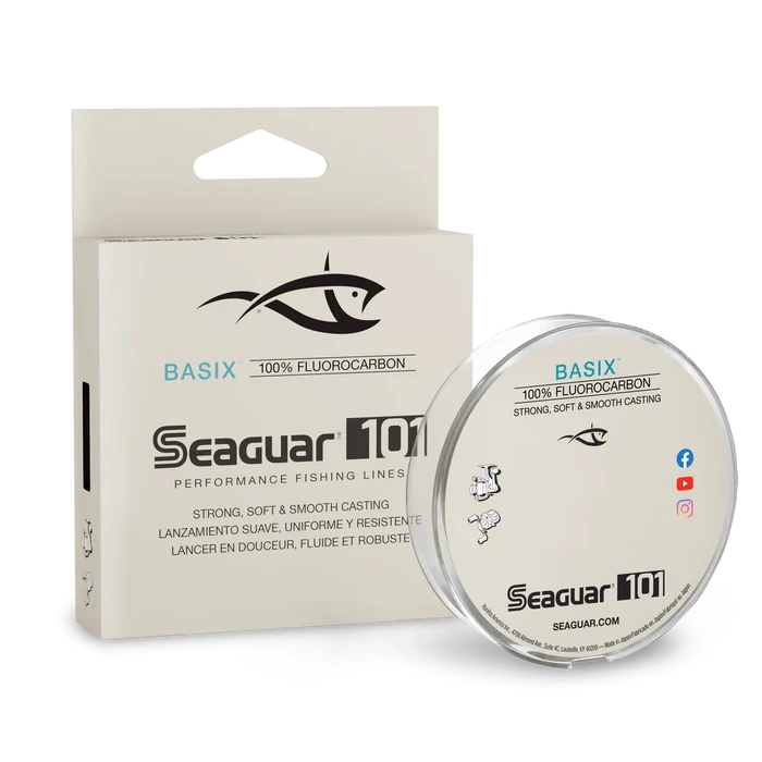 Seaguar BasiX Fluorocarbon fishing line spool and packaging, featuring strong, soft, and smooth casting line designed for precision and durability in fishing tackle.