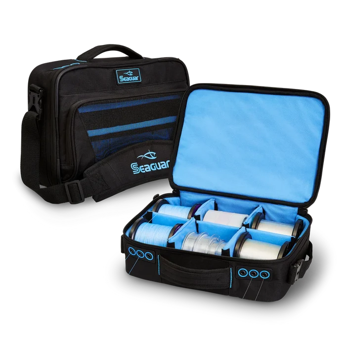 Seaguar Bulk Line Go Bag in black with blue interior, designed for organized storage of multiple fishing lines, featuring a shoulder strap and compact compartments.