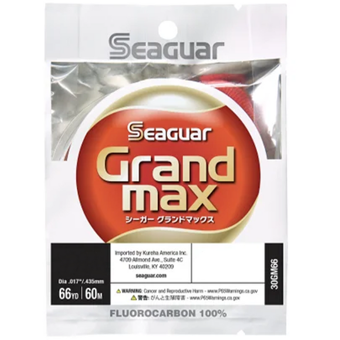 Seaguar JDM Grand Max fluorocarbon fishing line in clear packaging with red and gold label, featuring 66-yard length and 0.435mm diameter for fishing tackle use.