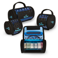 Three black and blue Seaguar Leader Feeder fishing line storage cases, one open to reveal multiple spools of fishing line inside with clear protective covers and carrying handles.