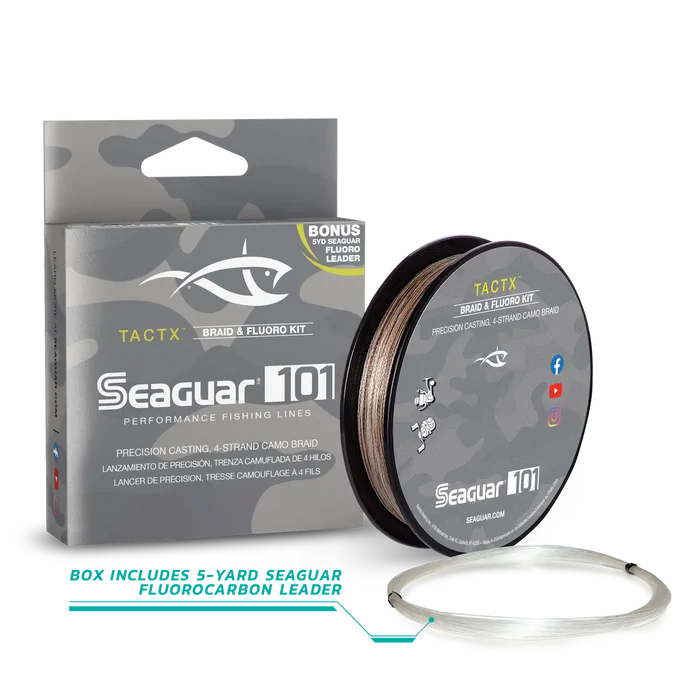 Seaguar TactX Braid fishing line kit featuring a spool of camouflaged 4-strand braid and clear fluorocarbon leader for precision casting in musky and freshwater fishing.