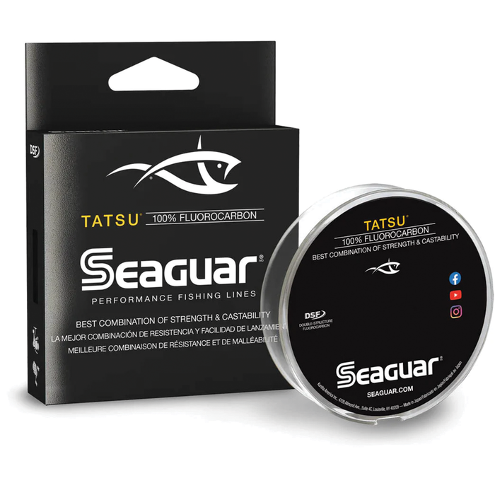 Seaguar Tatsu Fluorocarbon - Bulk Spools fishing line packaging featuring black and white design, highlighting 100% fluorocarbon material known for strength and castability.