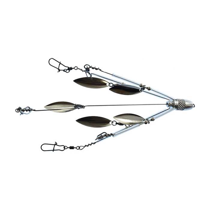 Shane's Baits 5th Element Umbrella Rig featuring multiple metal arms with attached spinner blades and clips designed for musky fishing tackle and lure presentation.