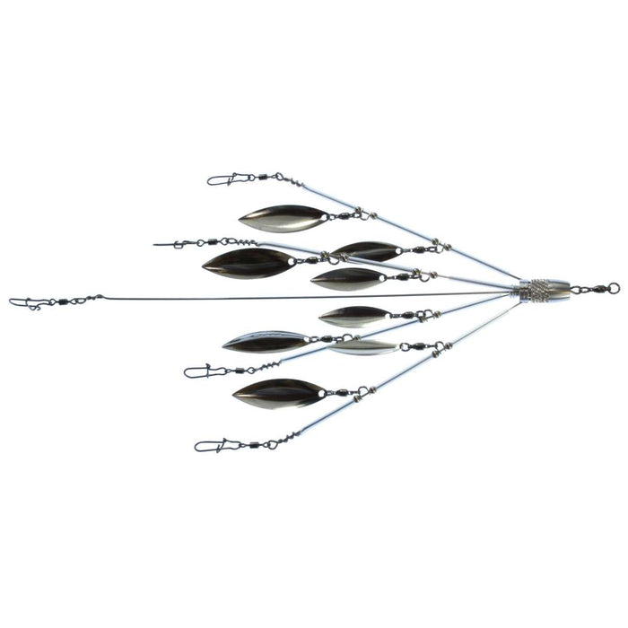 Shane's Baits Domin8or Umbrella Rig featuring multiple spinning blades on wire arms attached to a central swivel, designed for effective fishing lure presentation.