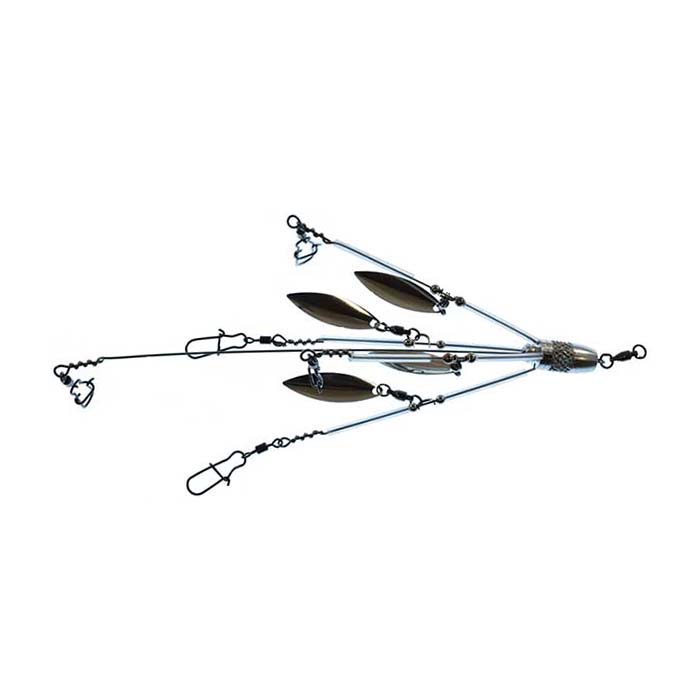 Shane's Baits Mini Blades of Glory Umbrella Rig featuring multiple spinning metal blades and wire arms designed for effective fishing tackle use in musky fishing.