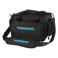 Black Shimano Baltica Tackle Bags with blue logo featuring multiple zippered compartments, padded shoulder strap, and sturdy handles for organizing fishing tackle and gear.