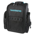 Black Shimano Blackmoon Backpacks with multiple zippered compartments, a mesh front pocket, padded top handle, and durable fabric designed for fishing tackle and gear storage.
