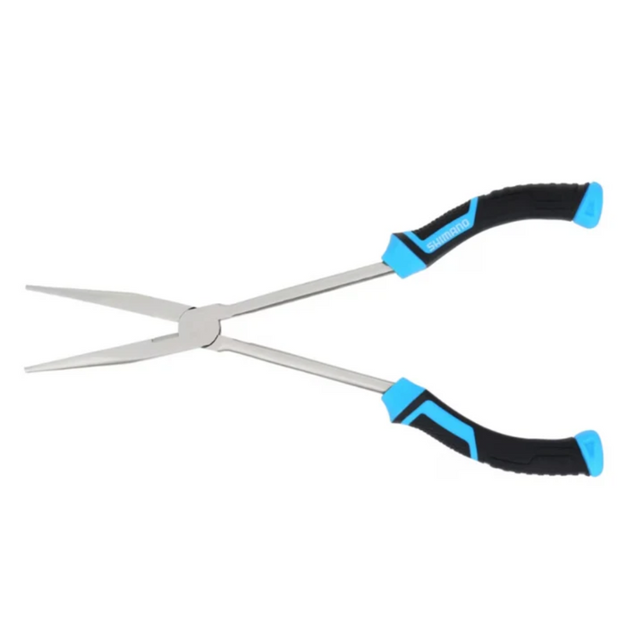 Shimano Long Nose Pliers with stainless steel jaws and ergonomic black and blue rubber handles, designed for precise fishing tackle adjustments and durable use.