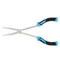 Shimano Long Nose Pliers with stainless steel jaws and ergonomic black and blue rubber handles, designed for precise fishing tackle adjustments and durable use.
