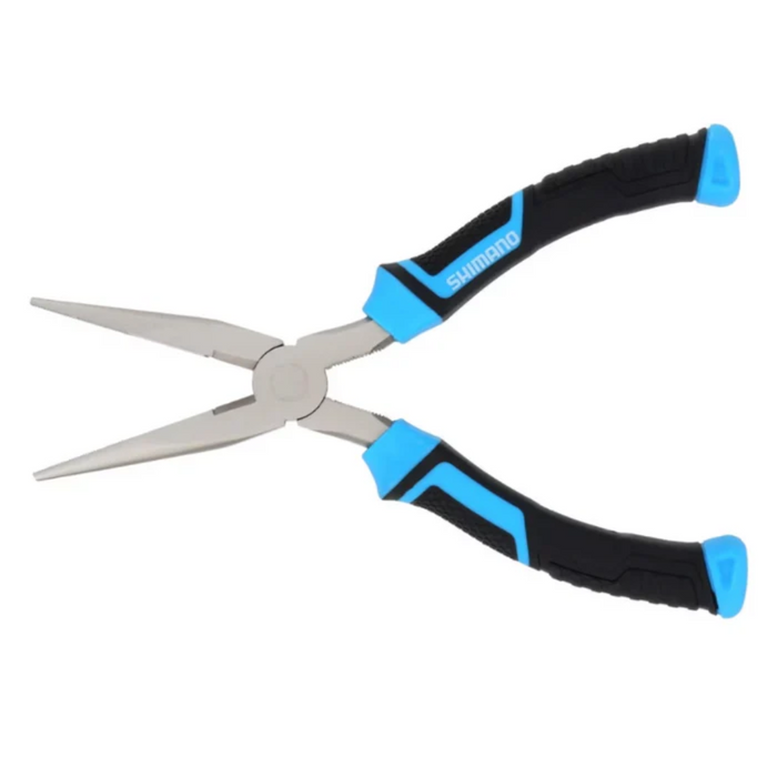 Shimano Long Nose Pliers with long, narrow stainless steel jaws and ergonomic black and blue handles designed for precision fishing tackle tasks.