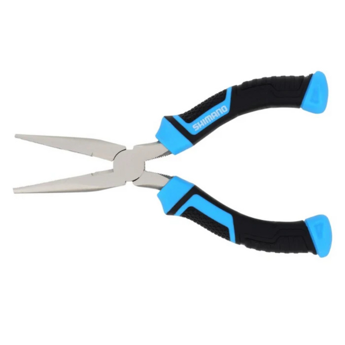 Shimano Long Nose Pliers featuring a narrow, pointed stainless steel jaw and ergonomic black and blue rubber handles designed for precise fishing tackle adjustments.