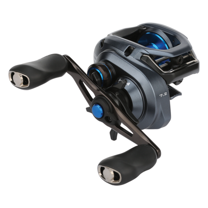 Shimano SLX XT A fishing reel featuring a sleek gray and blue design with ergonomic black handles, ideal for precise control in fishing tackle setups.
