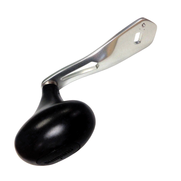 Shimano Tekota 600LC Power Handle with a polished metal arm and ergonomic black oval grip, designed for comfortable use with fishing rods and reels.