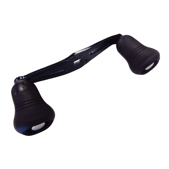 Shimano TranX Paddle handle 300 & 400 Size, featuring an ergonomic black double paddle grip designed for comfortable control on fishing reels, ideal for musky and ice fishing rods.