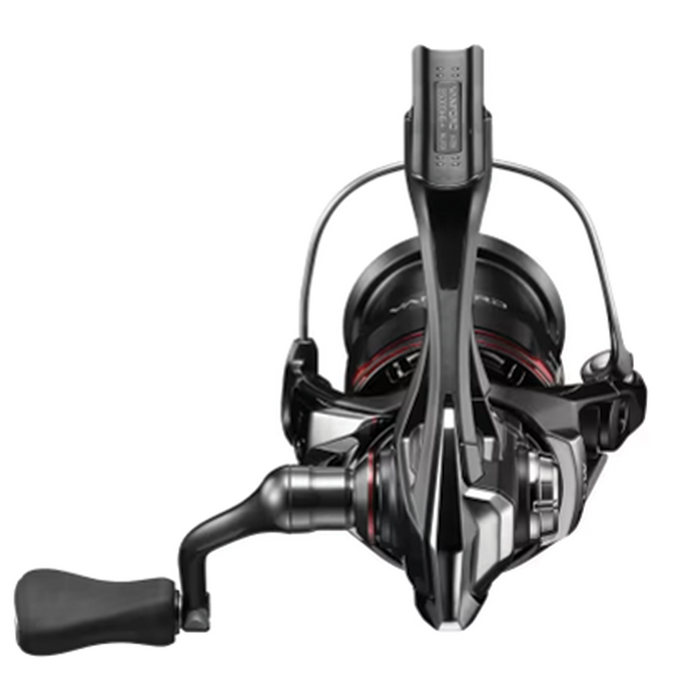 Shimano Vanford A spinning fishing reel shown from the front, featuring a sleek black design with red accents, ergonomic handle, and precision engineering for smooth performance.