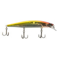 Shimano World Minnow 115SP fishing lure in translucent yellow and orange with three sharp treble hooks designed for effective musky and freshwater fishing.